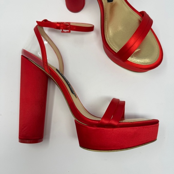 Jessica Rich Red Satin Block Heel Platform Heels - Picture 2 of 12